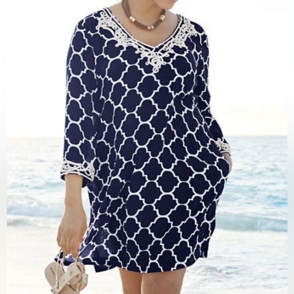 Lands End Swim Coverup Tunic Dress Beach Pool Small Navy Blue White Embroidered